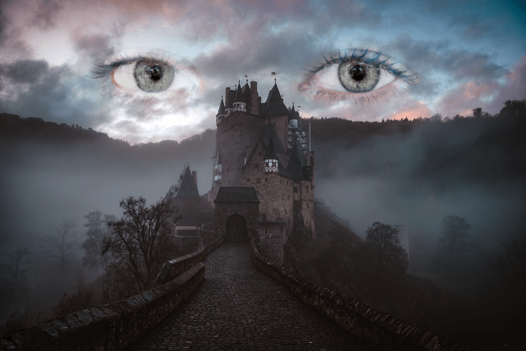 Eine Burg, darüber ein düsterer Himmel, aus dem zwei Augen schaun