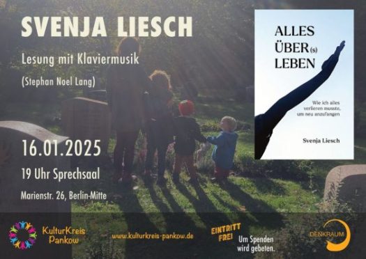 Eine Mutter steht mit ihren drei Kindern am Grab des Vaters, Sonnenstrahlen fallen auf die vier, der Text kündigt eine Lesung der Autorin Svenja Liesch an