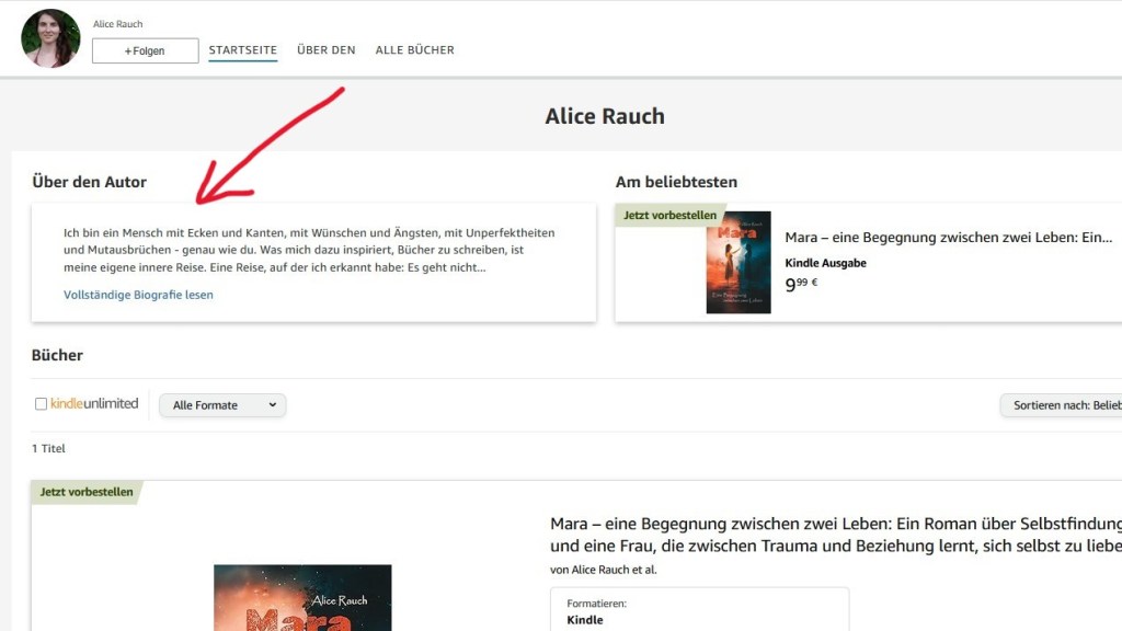 Die Autorenseite von Alice Rauch. Oben links ein Bild der Autorin. Darunter ein Text: Über den Autor. Daneben die beliebtesten Bücher.