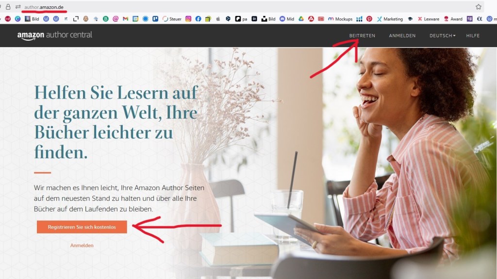 Die Amazonseite: author.amazon.de mit den Buttons Registrieren, Beitreten und Anmelden.