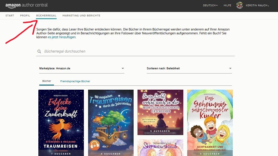 Der dritte Reiter in der oberen Leiste der Autorenseite heißt Bücherregal.