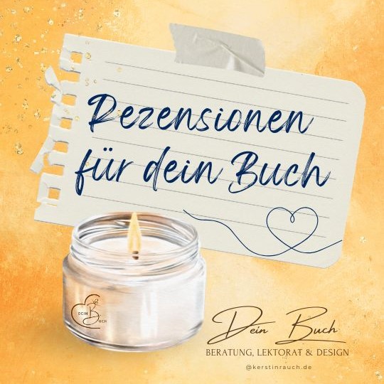 Ein Notizzettel mit der Aufschrift: Rezensionen für dein Buch und eine Kerze
